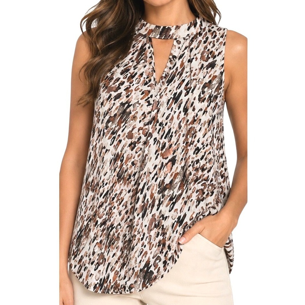 Fourteenth Place Women Brown Animal Print Metallic Keyhole Halter Blouse Small